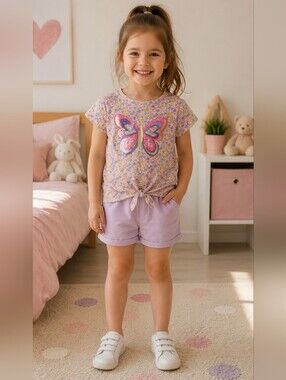 NWT Colette Lilly Pink Floral Butterfly Sequin Tie-Front Top & Lilac Shorts Set